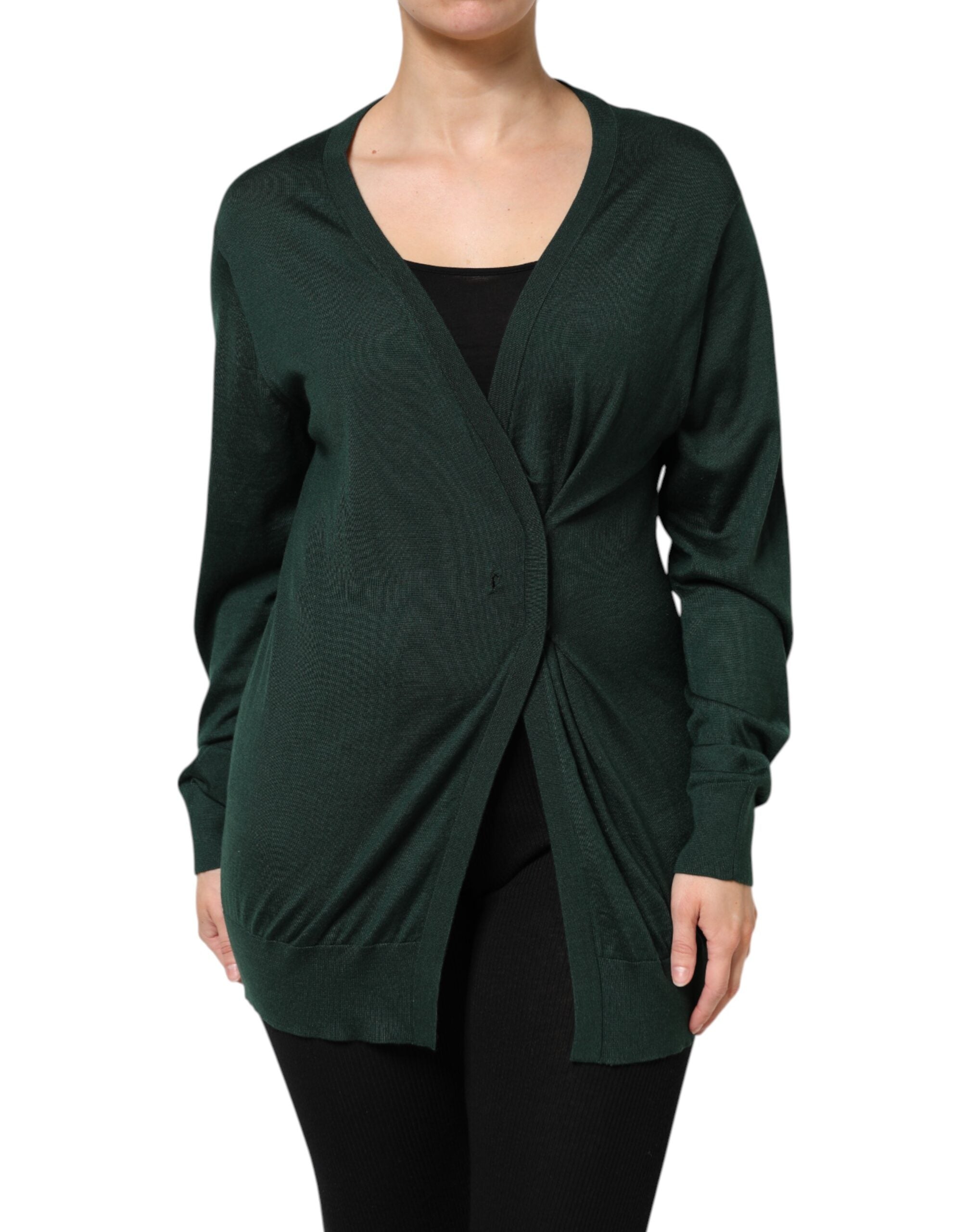 Pull en cachemire et soie Dolce & Gabbana vert foncé, cardigan élégant avec manches longues et détails raffinés.