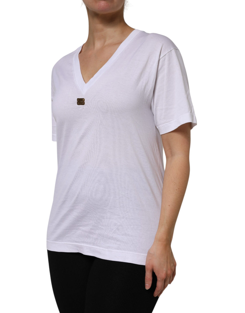 T-shirt blanc en coton à manches courtes et col en V de Dolce & Gabbana, vue de face.