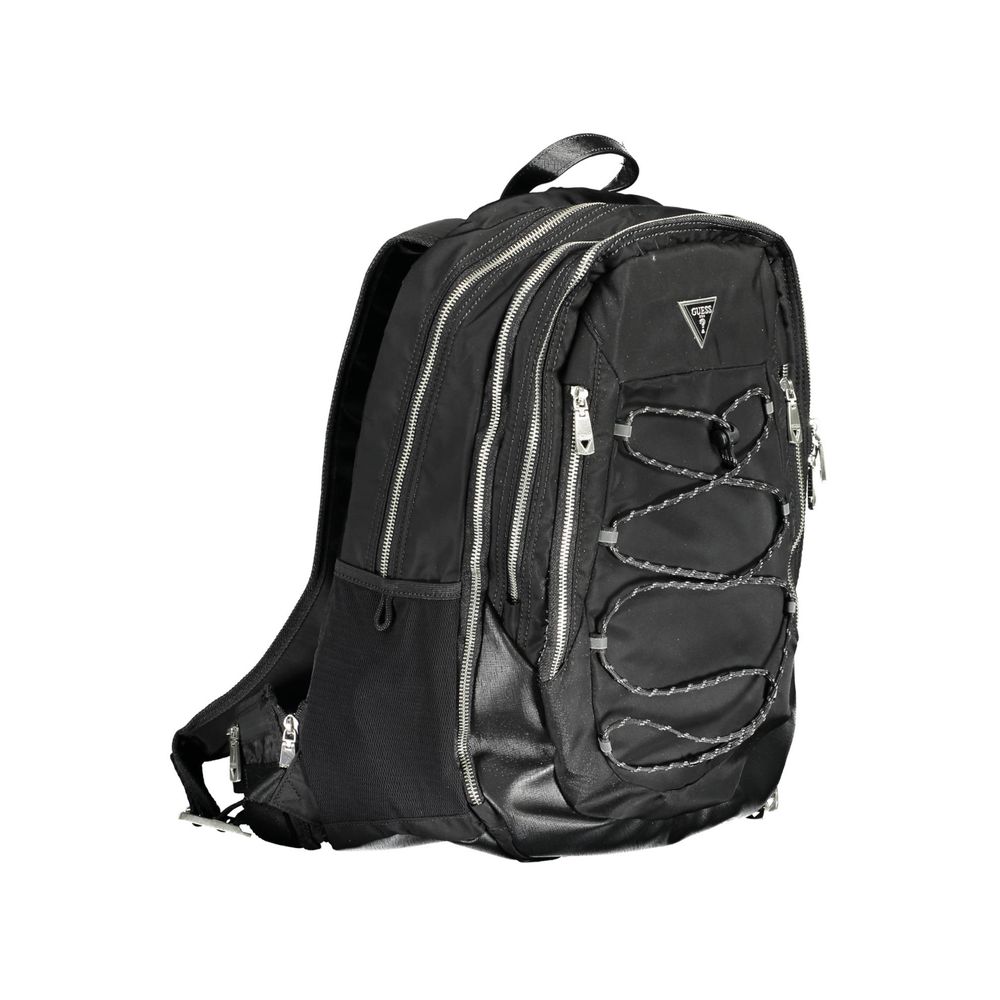 Sac à dos noir Guess Jeans en polyamide pour hommes, avec plusieurs compartiments et design moderne.