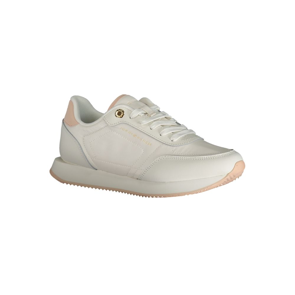 Sneakers en cuir blanc pour femme de la marque Tommy Hilfiger, modèle Bianco, avec semelle blanche et design élégant.