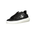 Sneakers pour hommes Calvin Klein en cuir noir, style décontracté, avec lacets et semelle blanche, chaussure élégante et confortable.