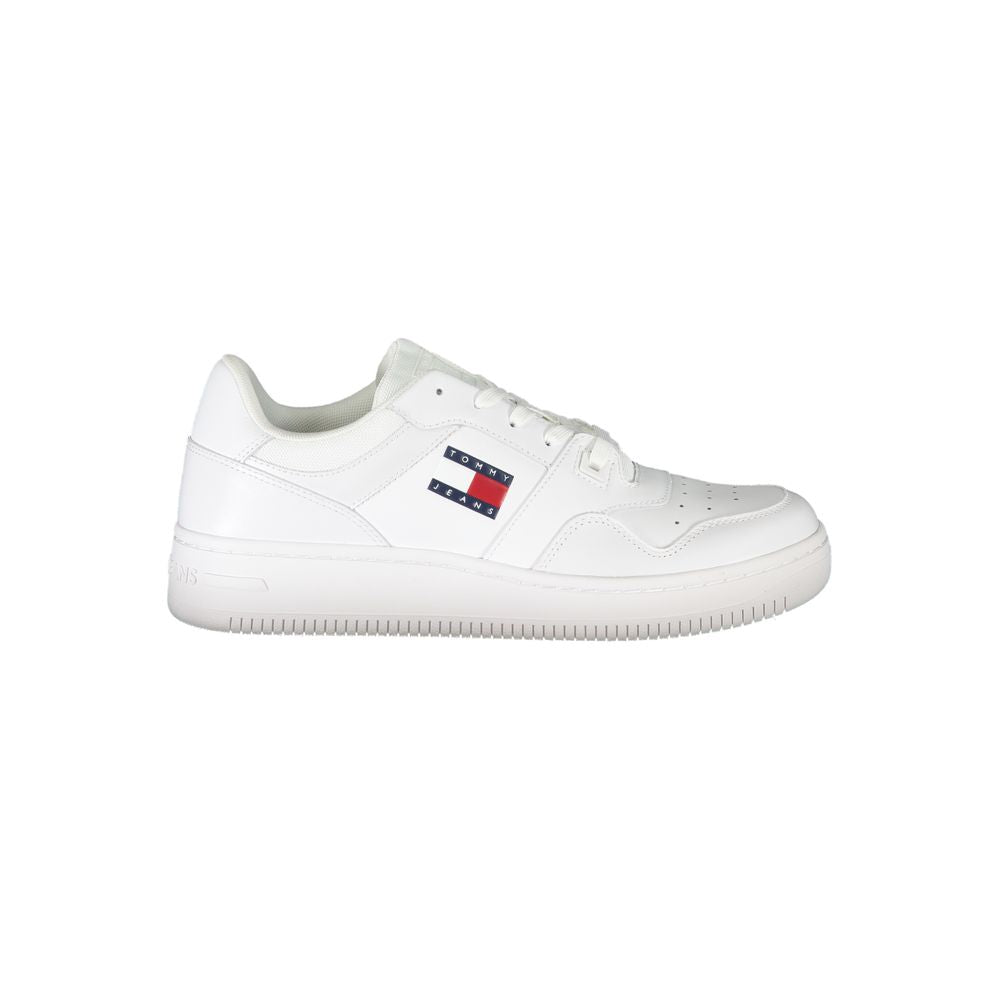 Sneakers pour homme Tommy Hilfiger Bianco en cuir blanc, chaussures décontractées élégantes, vue de face.