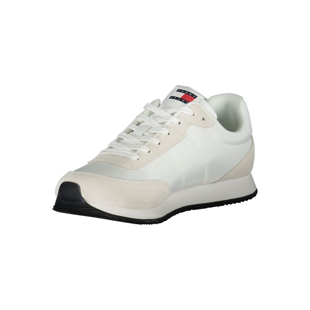 Sneakers blanches et beiges en polyester pour homme de la marque Tommy Hilfiger, vue de face.