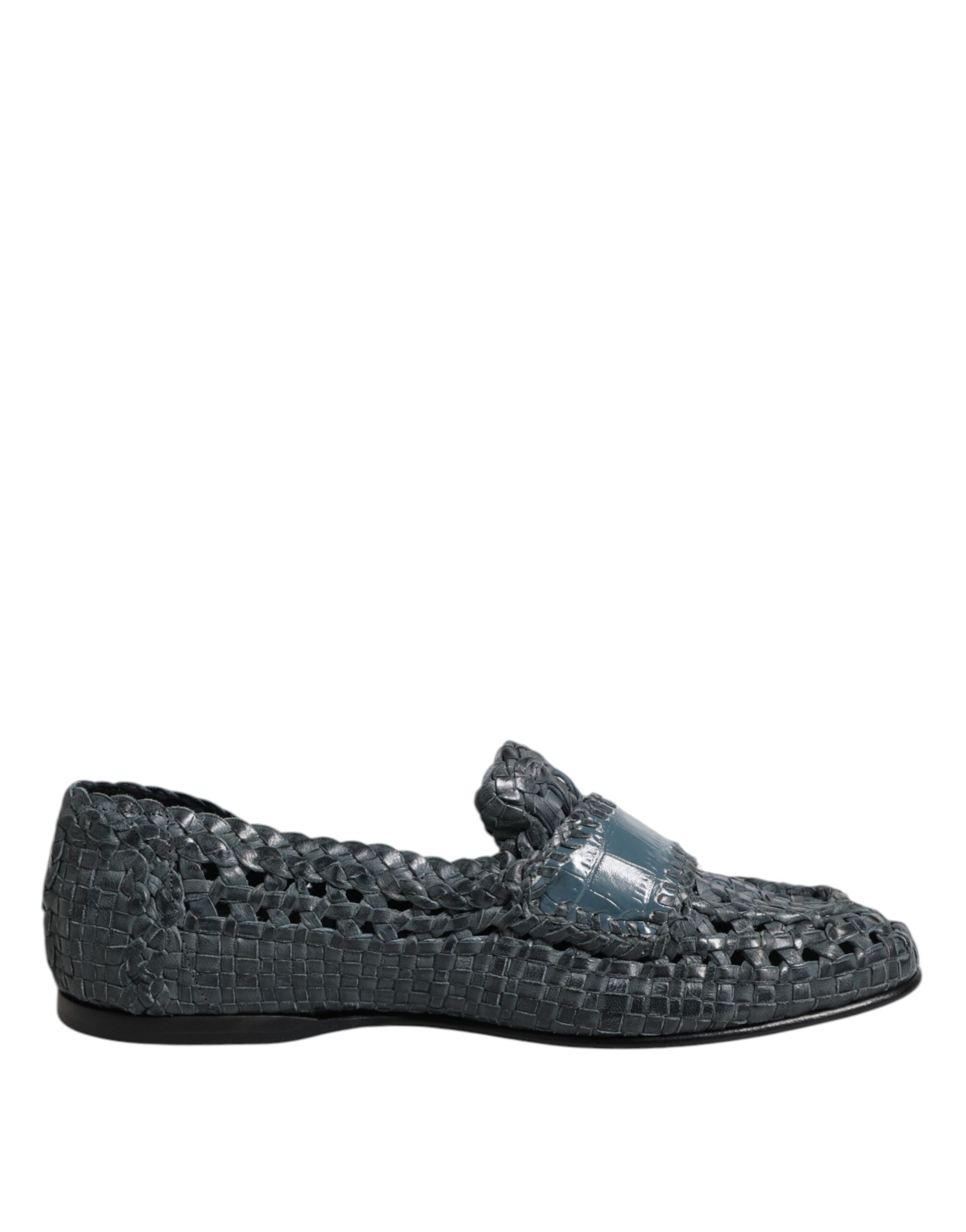 Chaussures mocassins en cuir tissé bleu Dolce & Gabbana, slip-on élégants pour homme, avec semelle en cuir.