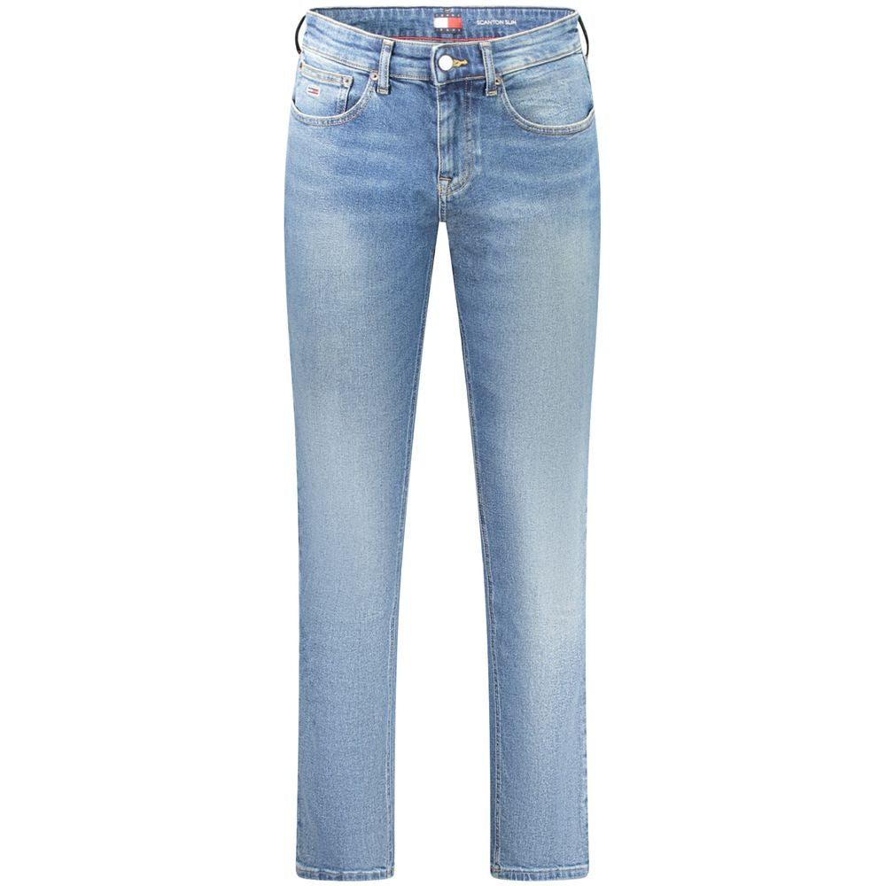 Jeans hommes en coton bleu Tommy Hilfiger avec coupe classique, visibles sur l'image.