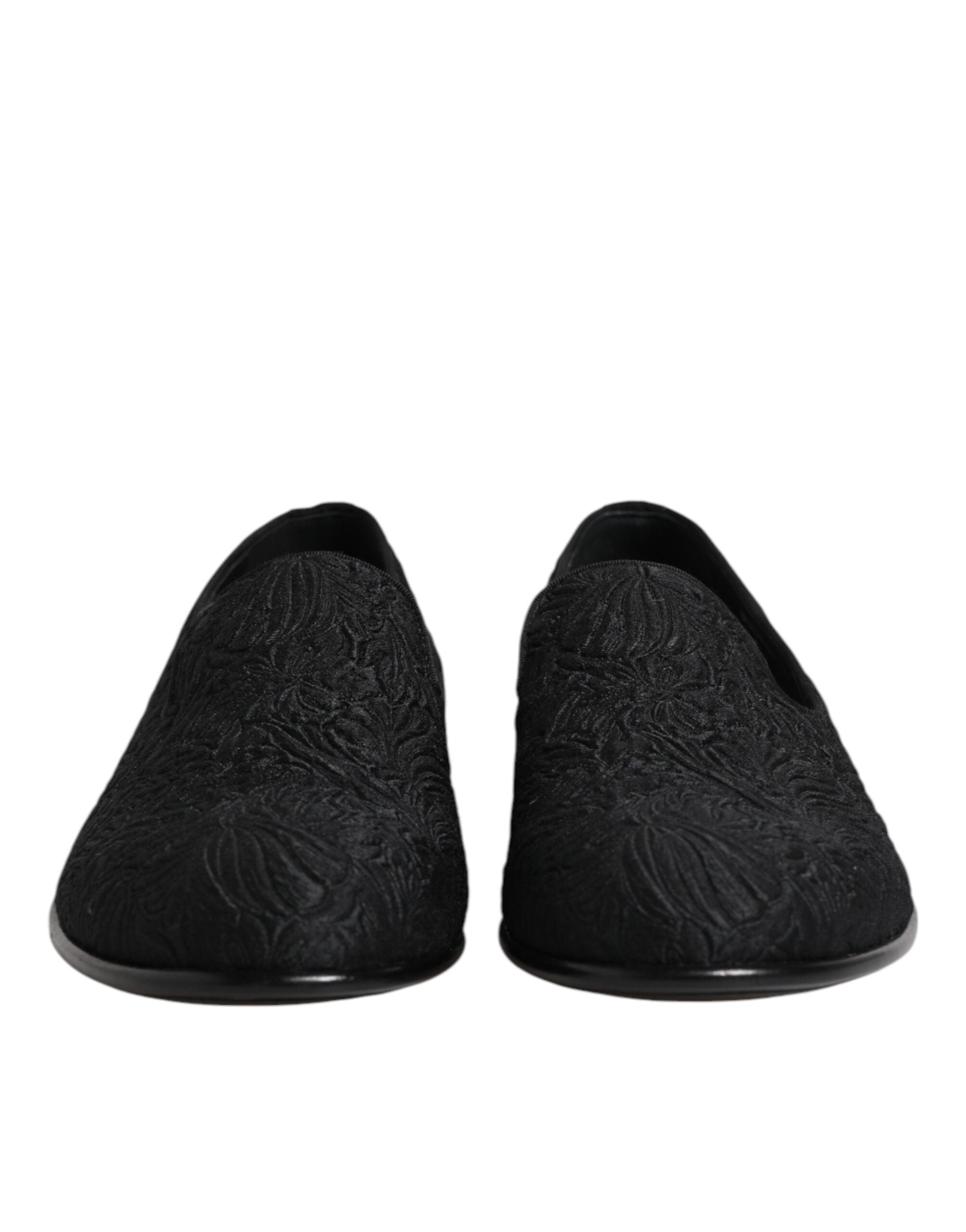Chaussures Dolce & Gabbana en jacquard noir, loafers slip-on formels élégants et sophistiqués, vue de face.