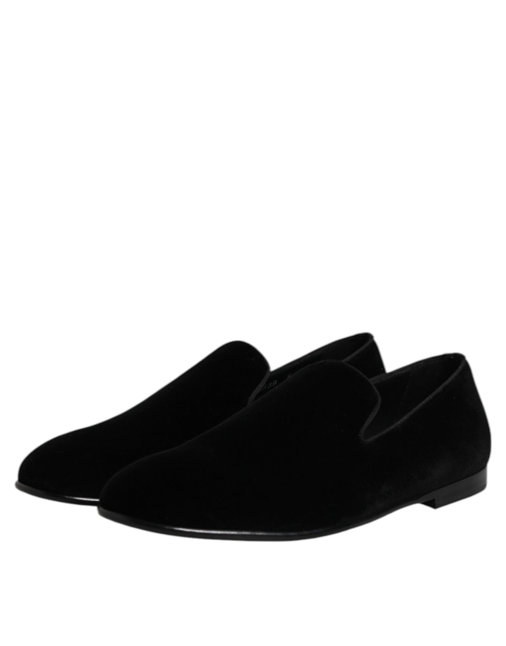 Mocassins Dolce & Gabbana en velours noir, chaussures formelles élégantes à enfiler, vues de face sur fond blanc.