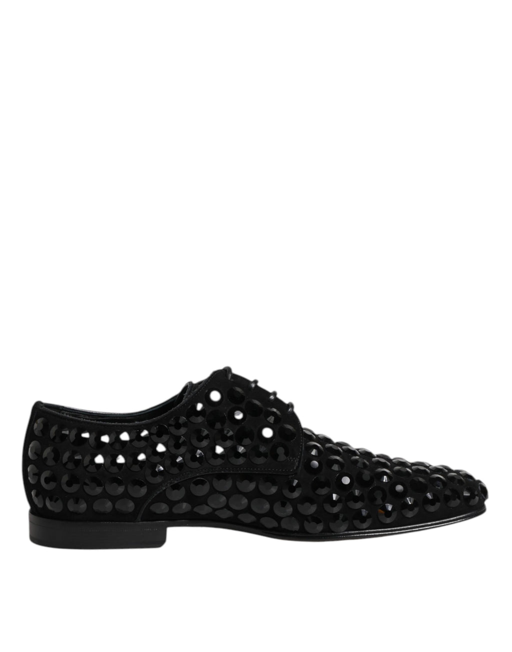 Chaussures formelles Derby en suède noir Dolce & Gabbana avec strass, élégantes et sophistiquées, visibles en gros plan.