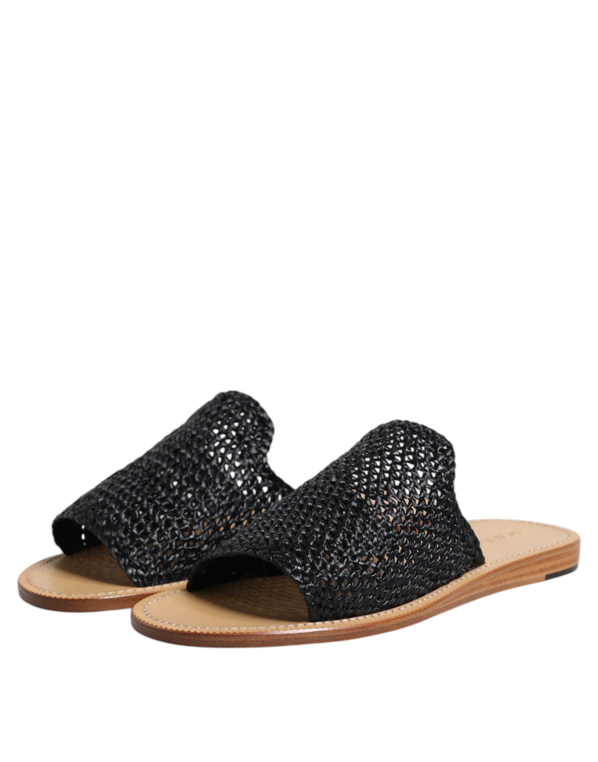Sandales Dolce & Gabbana en raffia noir à tressage monochrome, vue de côté avec semelle en caoutchouc.