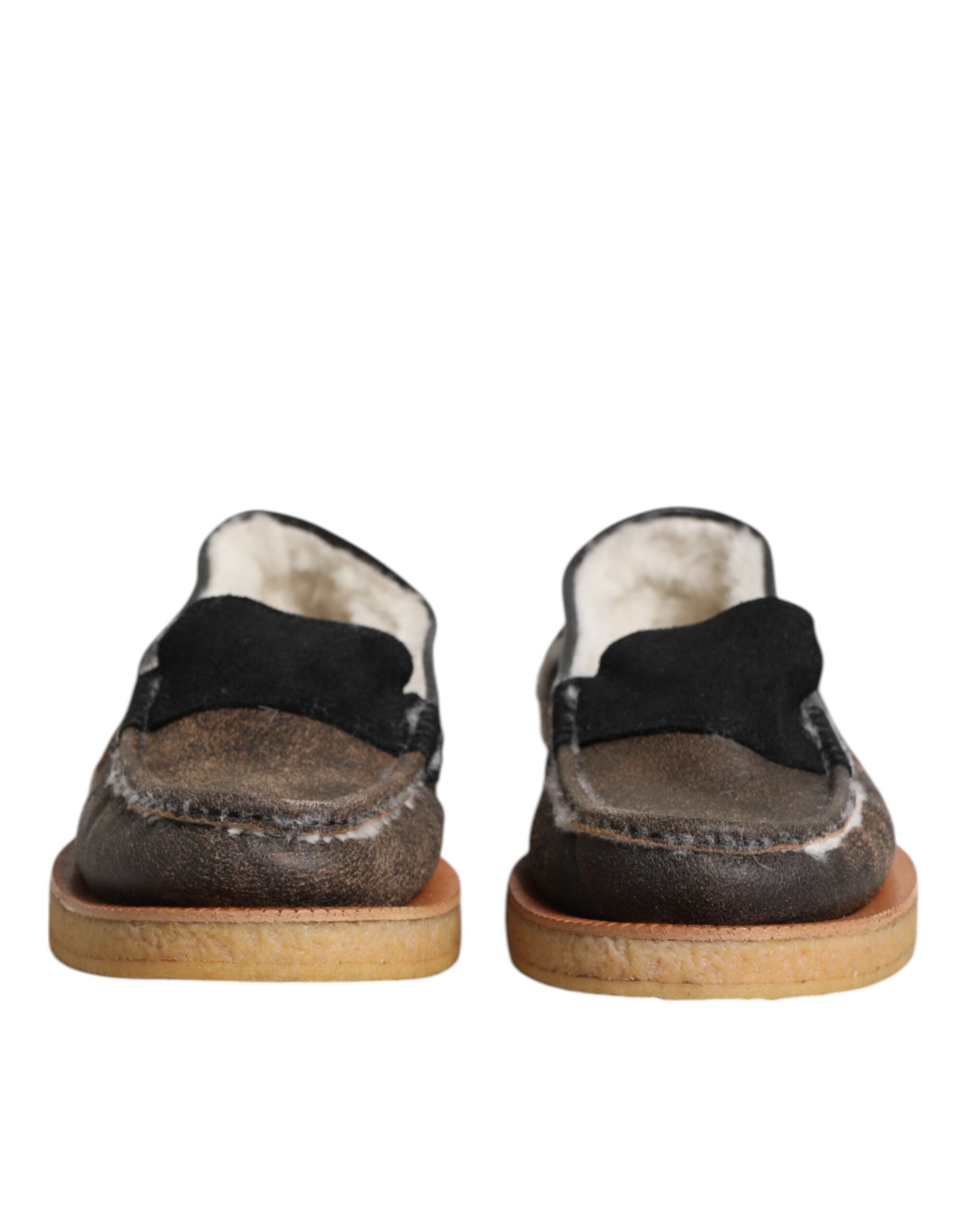 Chaussures mocassins Dolce & Gabbana en cuir de veau marron et blanc, élégantes et sophistiquées, vue de face.