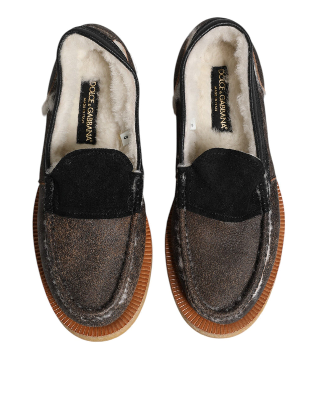 Mocassins en cuir de veau marron et blanc de Dolce & Gabbana, chaussures élégantes pour homme.