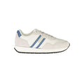 Sneakers en cuir blanc pour homme de la marque Tommy Hilfiger, vue de côté avec détails en cuir et semelle blanche.
