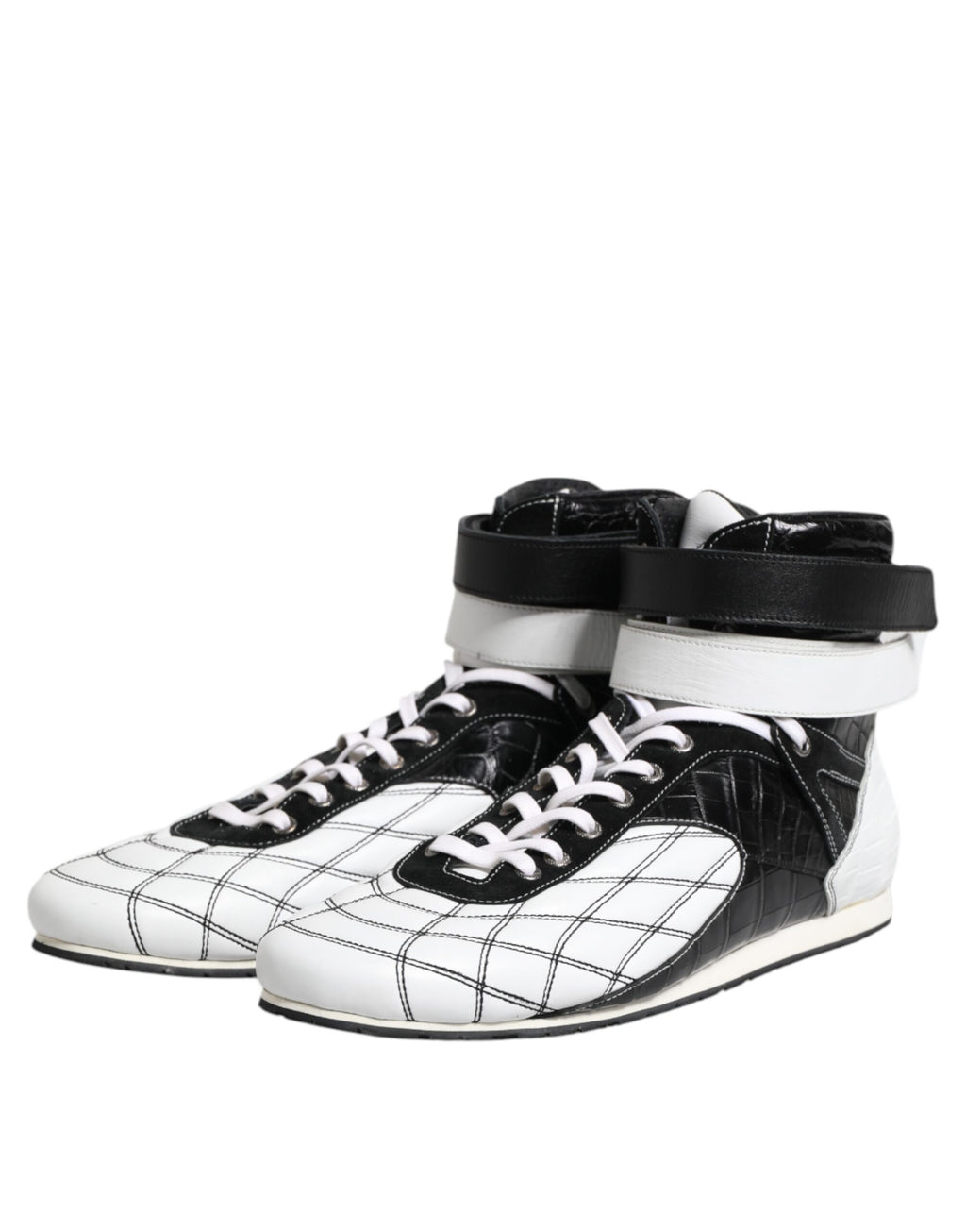 Chaussures sneakers montantes en cuir noir et blanc de Dolce & Gabbana, chaussures de mode élégantes et tendance.