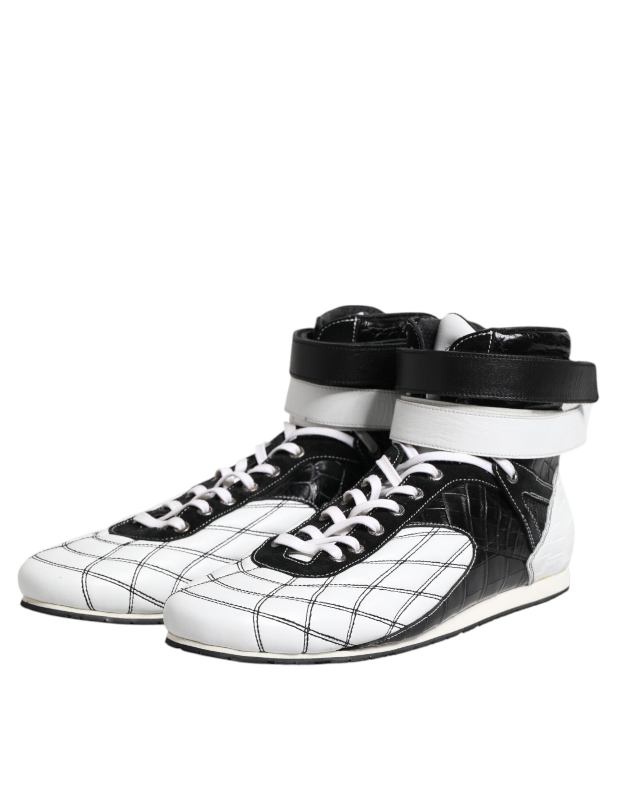 Chaussures sneakers montantes en cuir noir et blanc de Dolce & Gabbana, chaussures de mode élégantes et tendance.