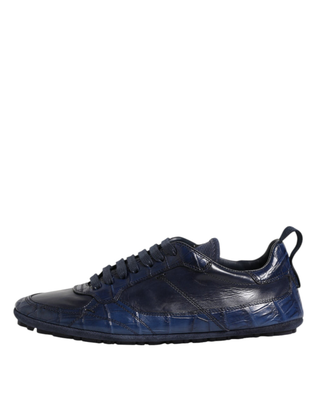 Baskets basses en cuir bleu foncé pour homme de Dolce & Gabbana, chaussures sport élégantes avec lacets et semelle blanche.
