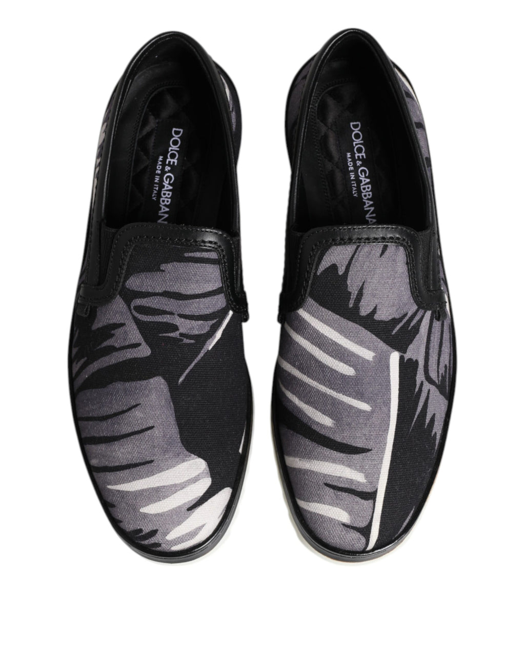 Chaussures sneakers pour hommes Dolce & Gabbana noires à motif tropical, Slip On, style décontracté et élégant.