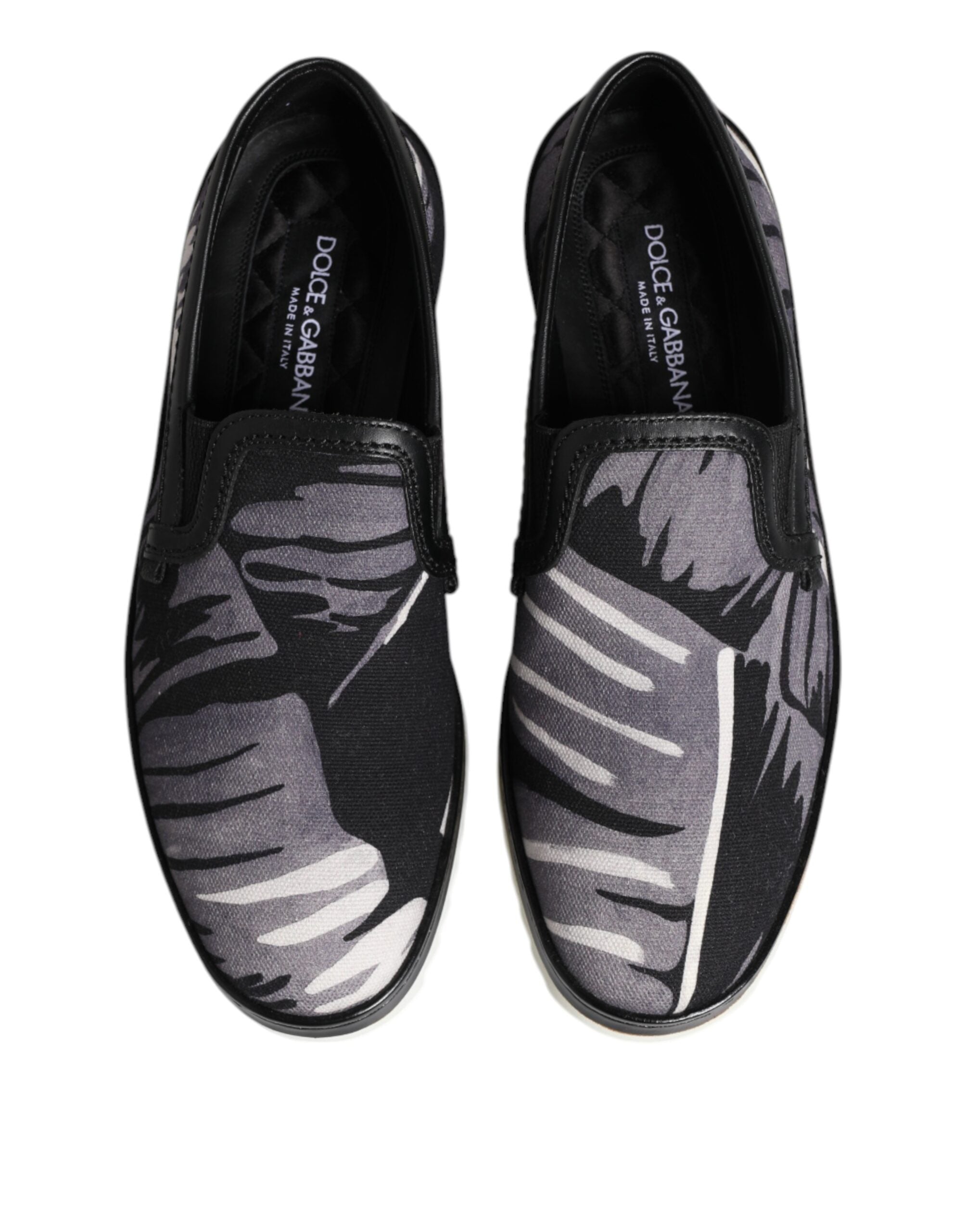 Chaussures sneakers pour hommes Dolce & Gabbana noires à motif tropical, Slip On, style décontracté et élégant.