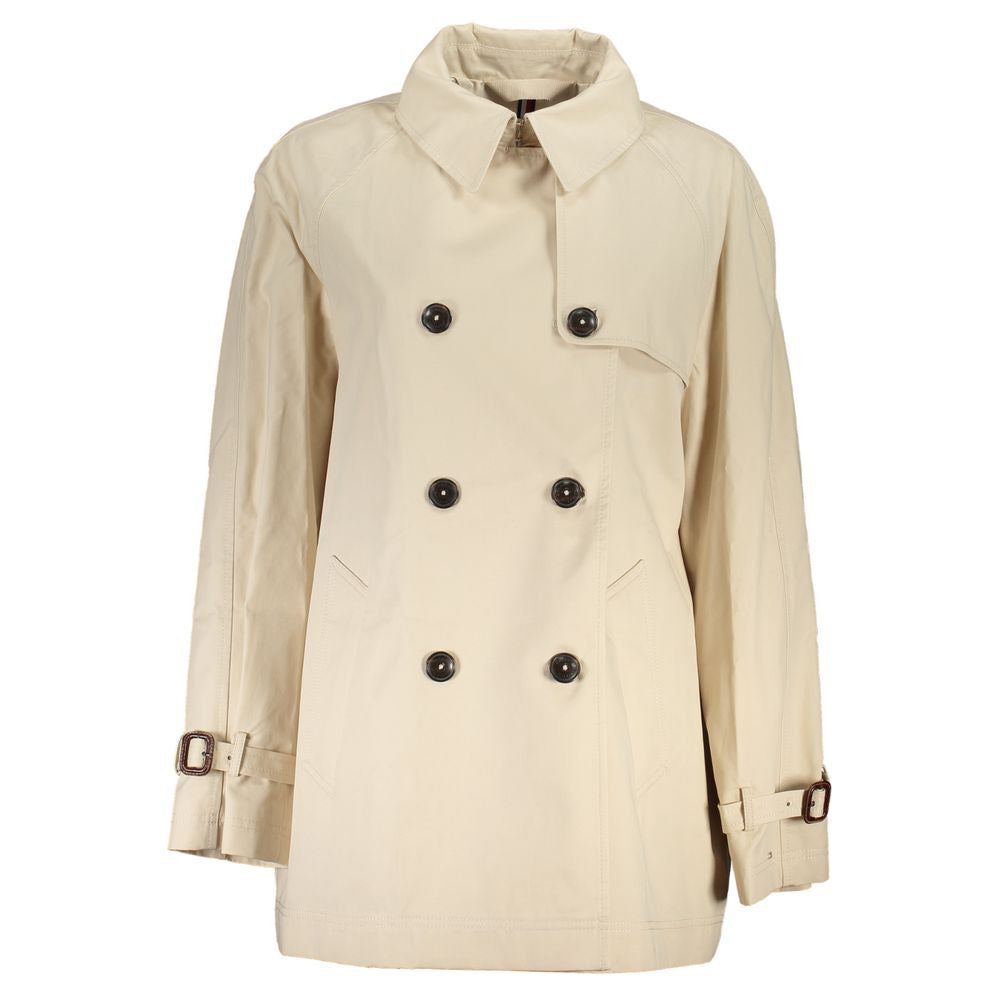 Imperméable beige en coton pour femmes Tommy Hilfiger, coupe classique avec col et ceinture, parfait pour le printemps et l'automne.