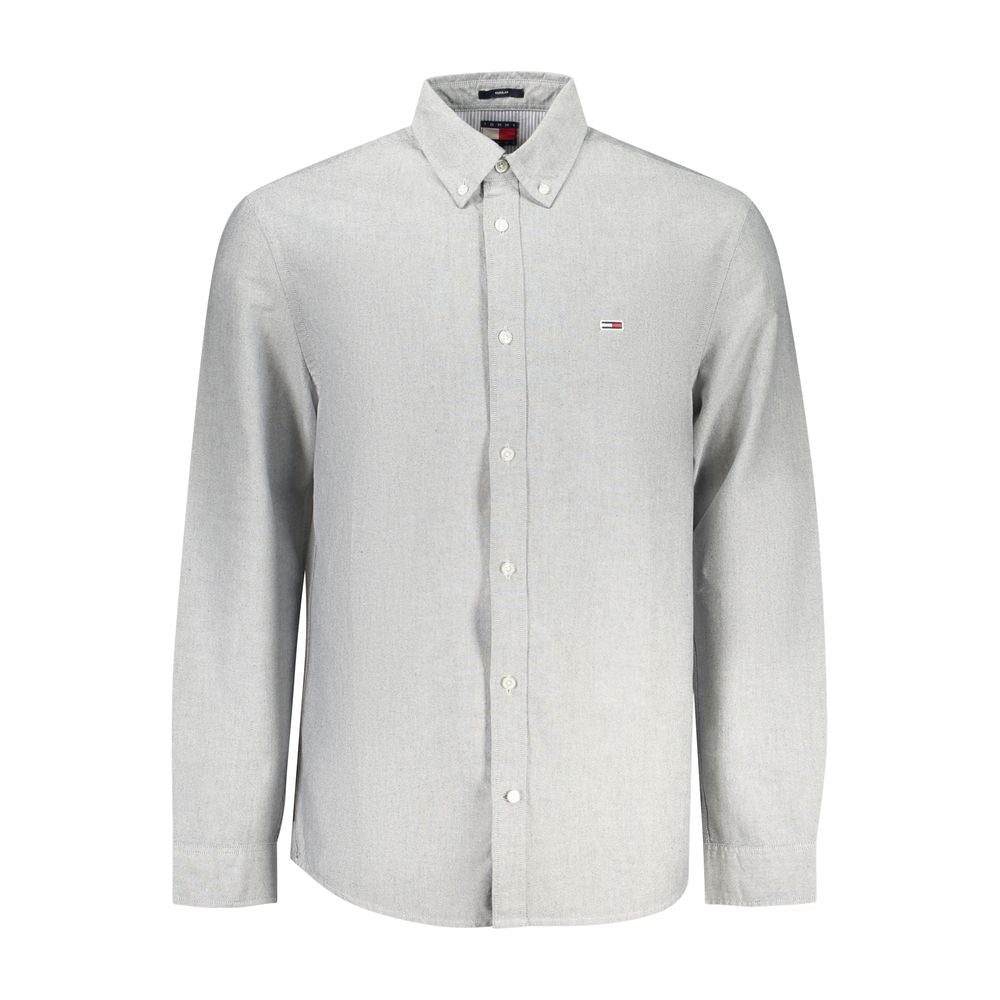 Chemise homme en coton gris Tommy Hilfiger, détail du col et des boutons, élégante et confortable.
