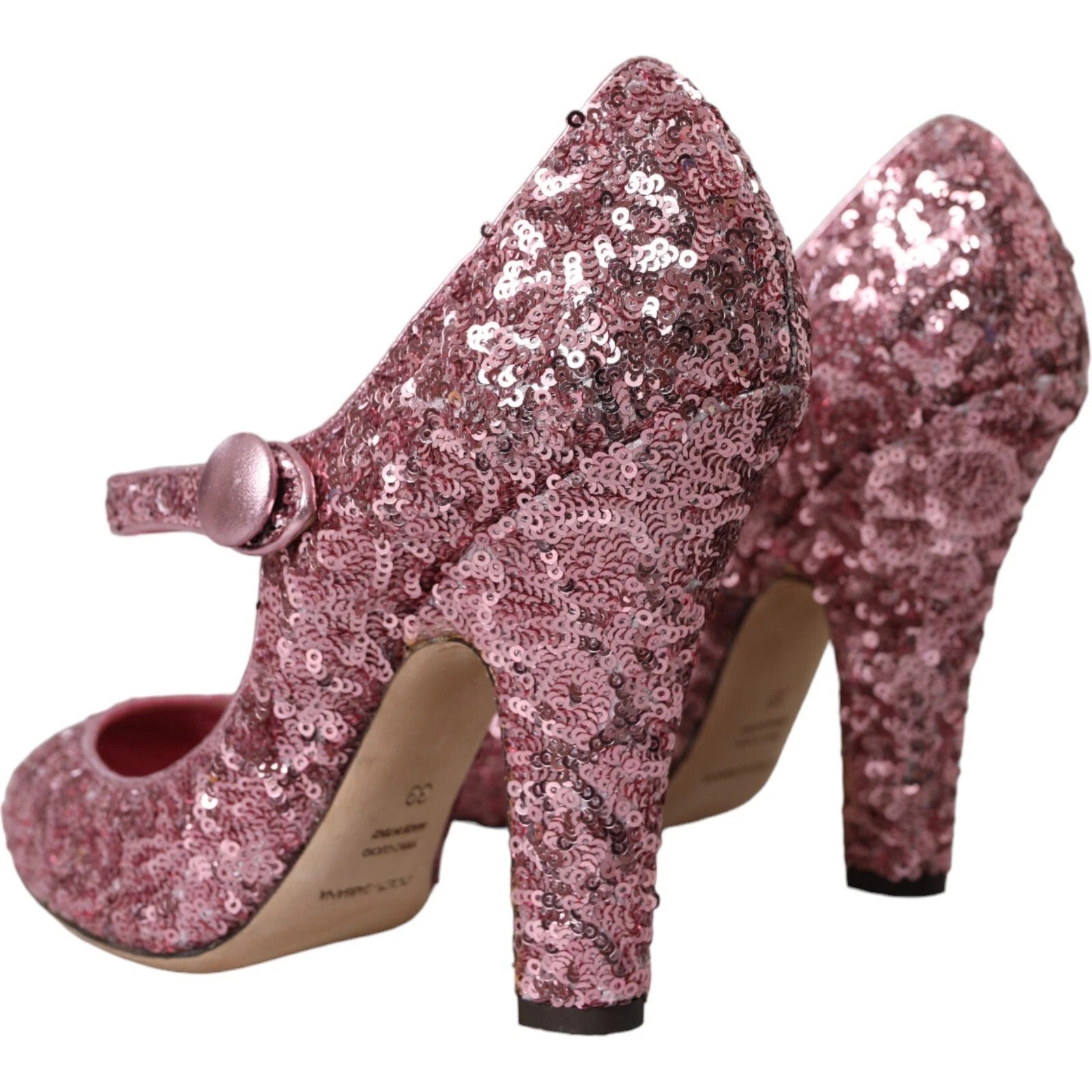 Escarpins Mary Jane roses à sequins rose de la marque Dolce & Gabbana, chaussures à talons hauts élégantes.