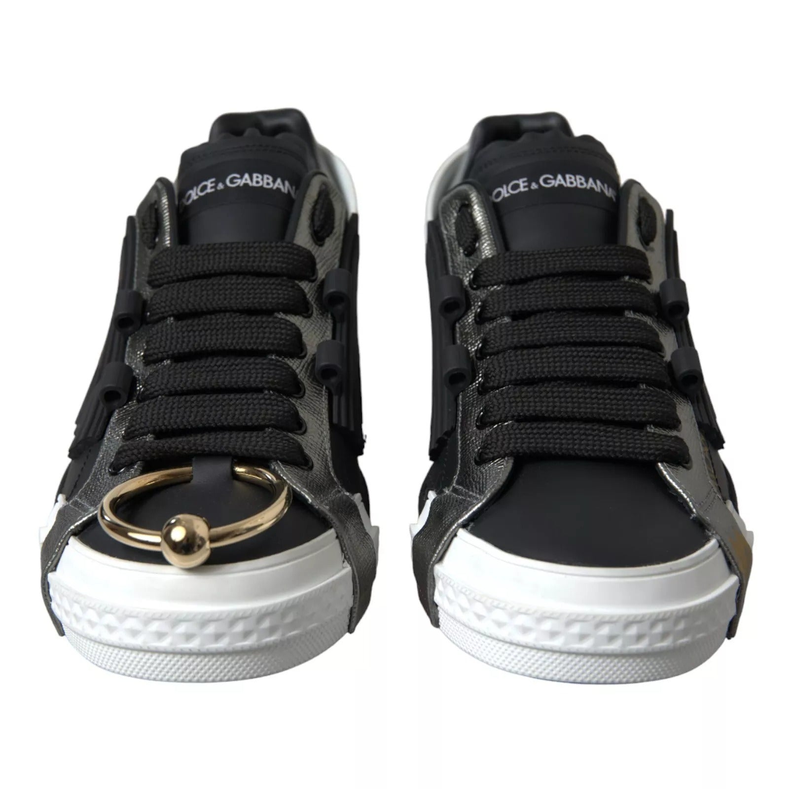 Chaussures Dolce & Gabbana Portofino en cuir noir, baskets basses élégantes pour homme, vue de face.