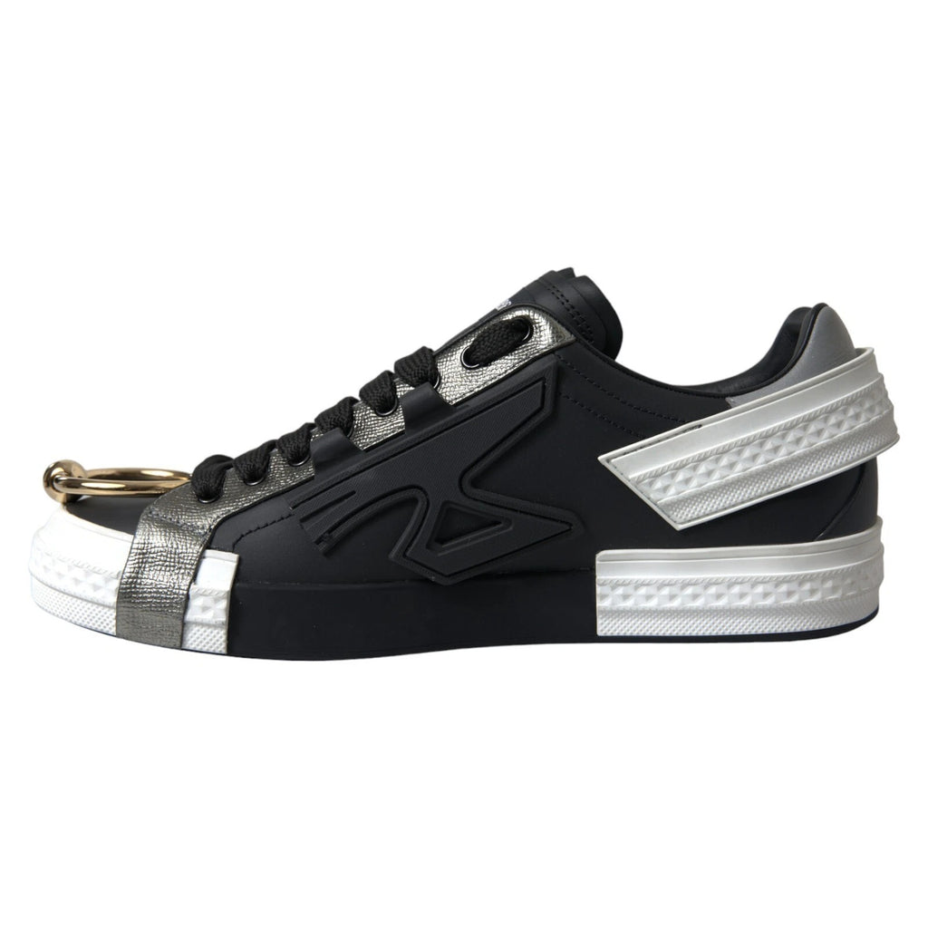Chaussures Dolce & Gabbana Portofino en cuir noir, baskets basses élégantes pour homme, vue de face.