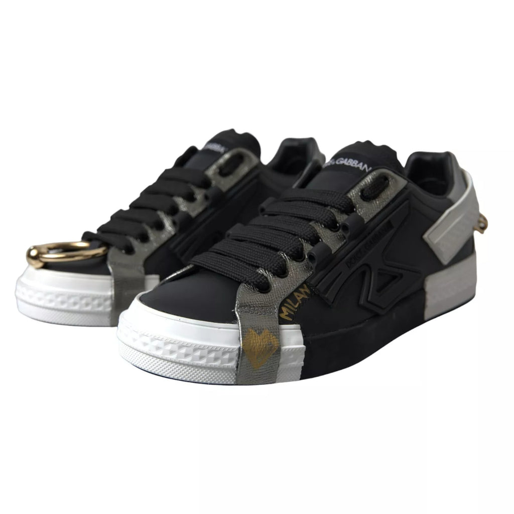 Chaussures portofino Dolce & Gabbana, baskets basses en cuir noir avec semelle blanche, style élégant et moderne.