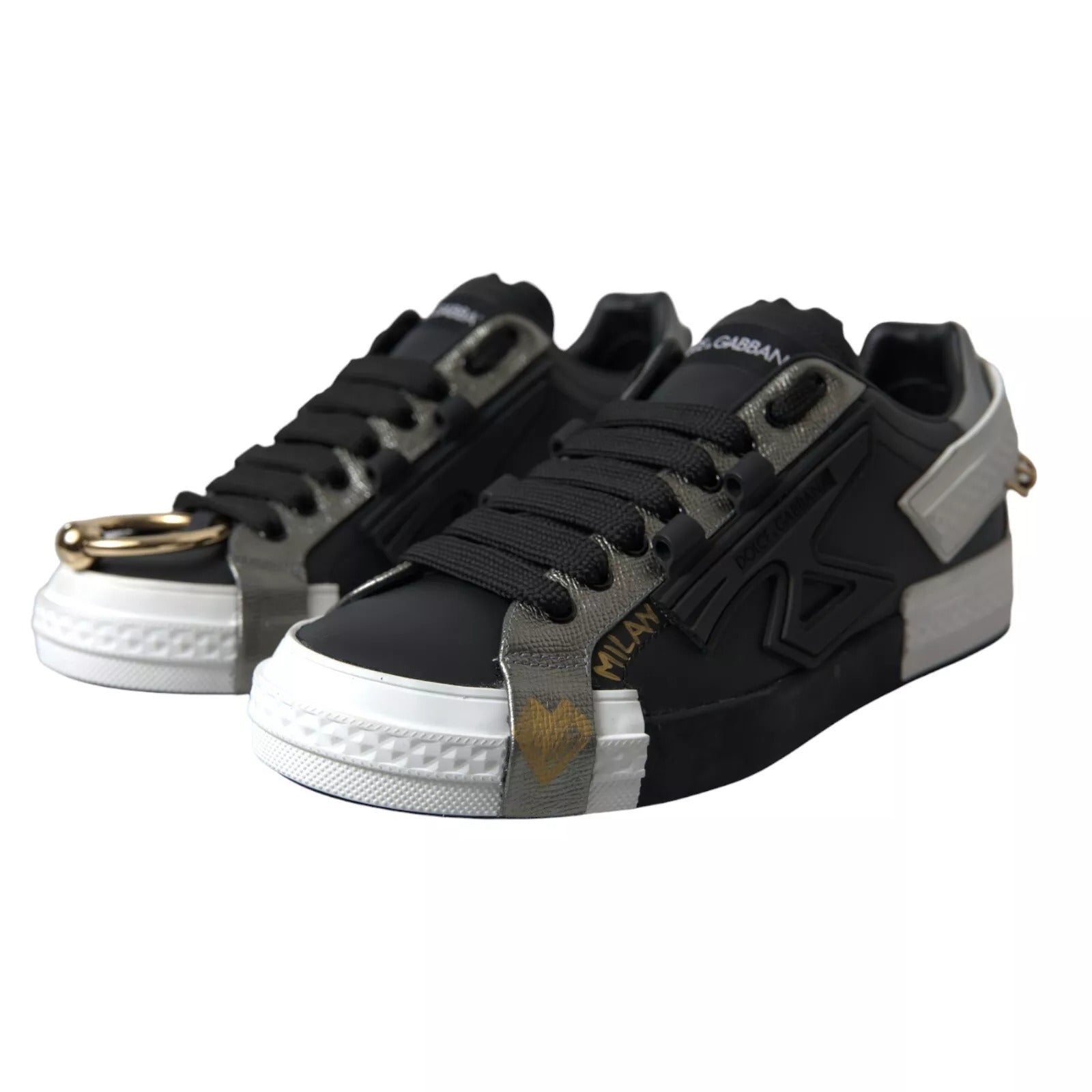 Chaussures portofino Dolce & Gabbana, baskets basses en cuir noir avec semelle blanche, style élégant et moderne.