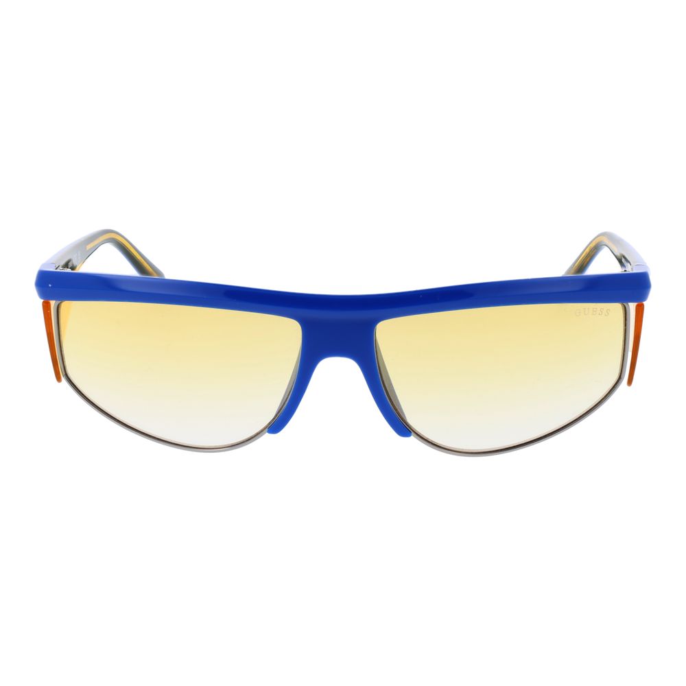 Lunettes de soleil en plastique bleu de marque Guess, mode tendance avec monture colorée et verres protecteurs.