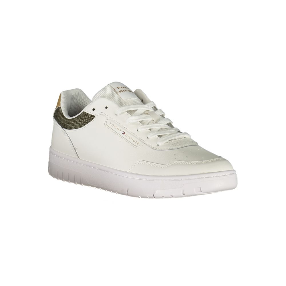 Sneaker homme Tommy Hilfiger en polyester blanc, vue de face, avec semelle blanche et design sportif moderne.