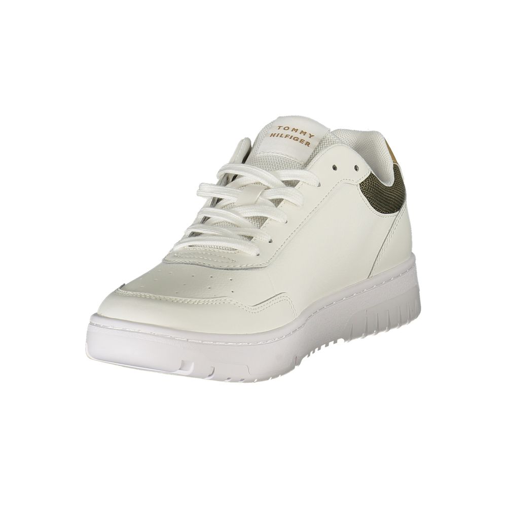 Chaussure sneaker homme Tommy Hilfiger en polyester blanc, vue de face, avec détails de design modernes.