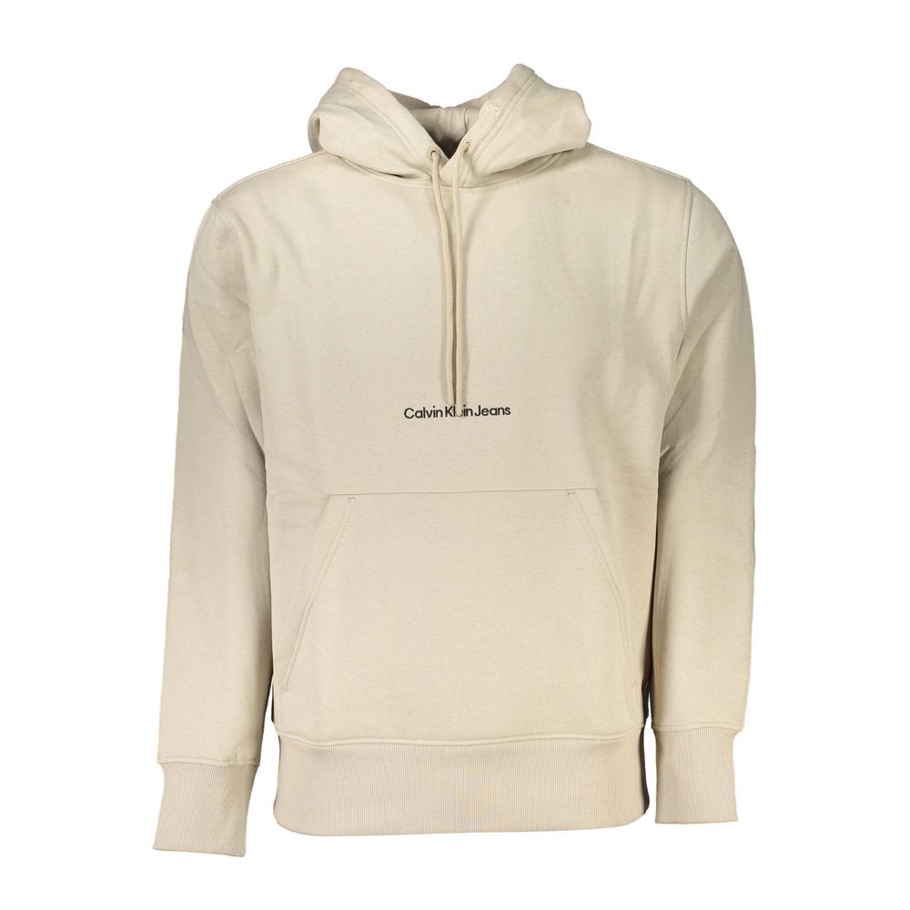 Pull homme Calvin Klein beige en coton, coupe classique, porté sur un mannequin, détails du col et des manches visibles.