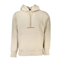 Pull homme Calvin Klein beige en coton, coupe classique, porté sur un mannequin, détails du col et des manches visibles.