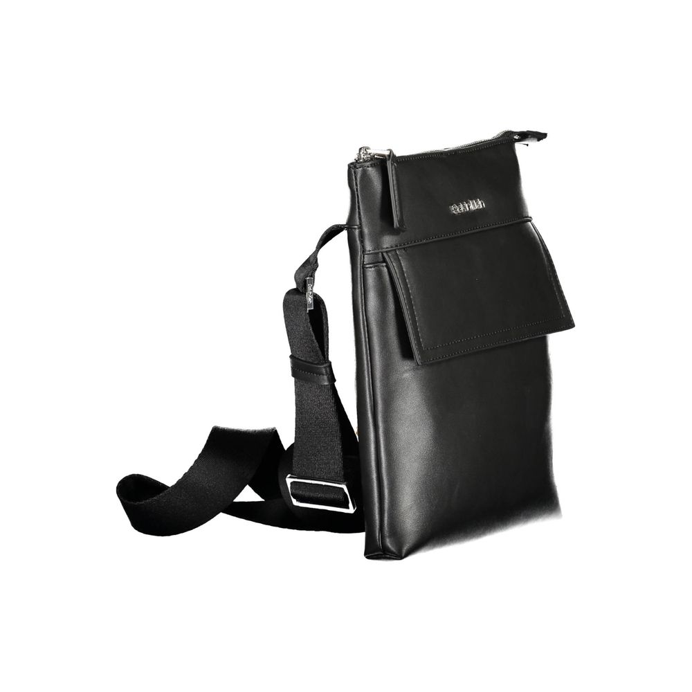 Sac à bandoulière pour homme Calvin Klein en polyester noir, visible avec compartiments et logo de la marque.