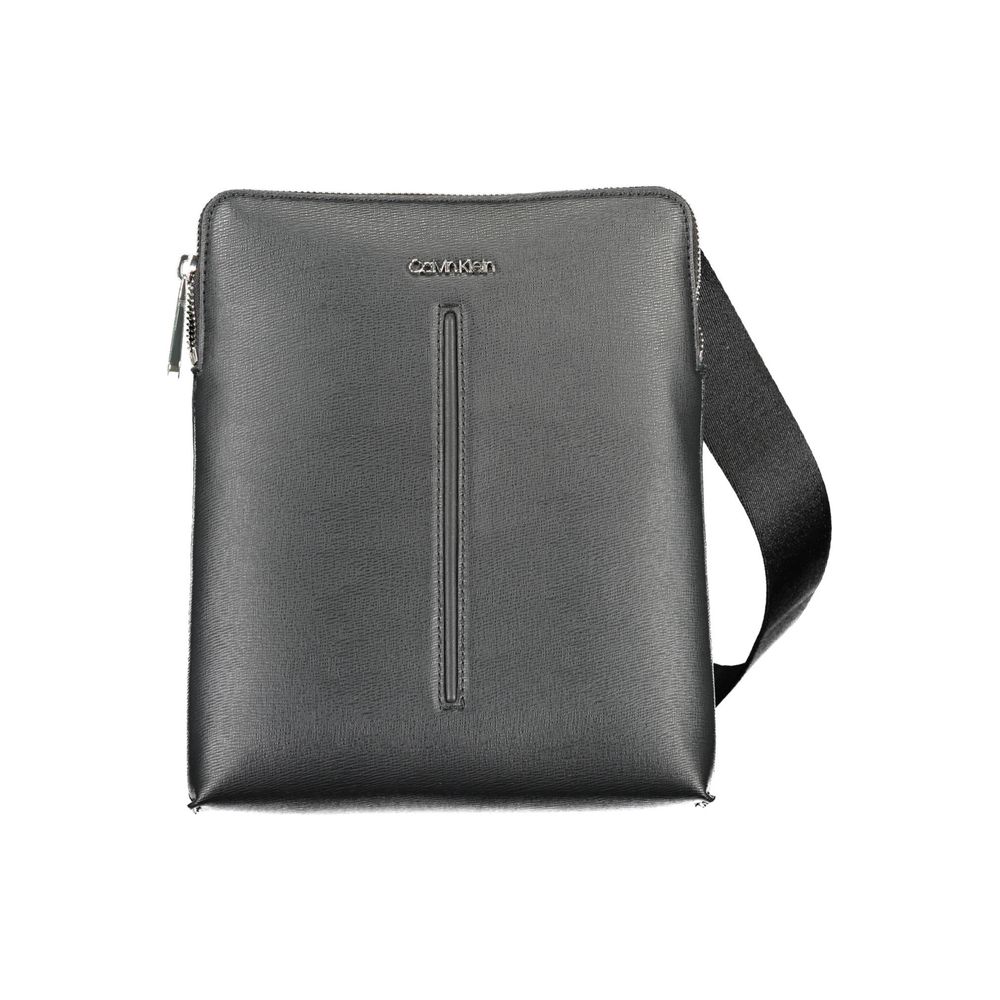 Sac à bandoulière noir en polyuréthane pour homme de la marque Calvin Klein, avec poignées et compartiments visibles.