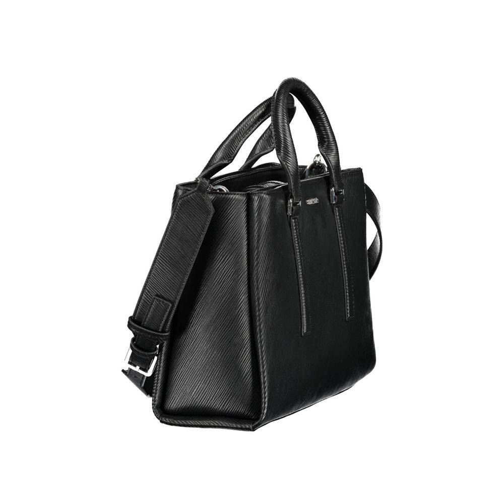 Sac à main noir en polyester pour femme de la marque Calvin Klein, élégant et pratique, visible avec détails modernes.