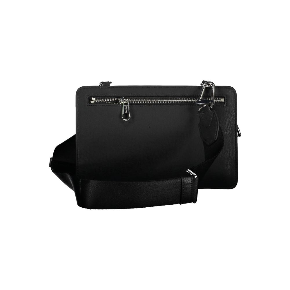 Sac homme Calvin Klein noir en polyester avec bandoulière, vue de face, pour accessoires et style décontracté.
