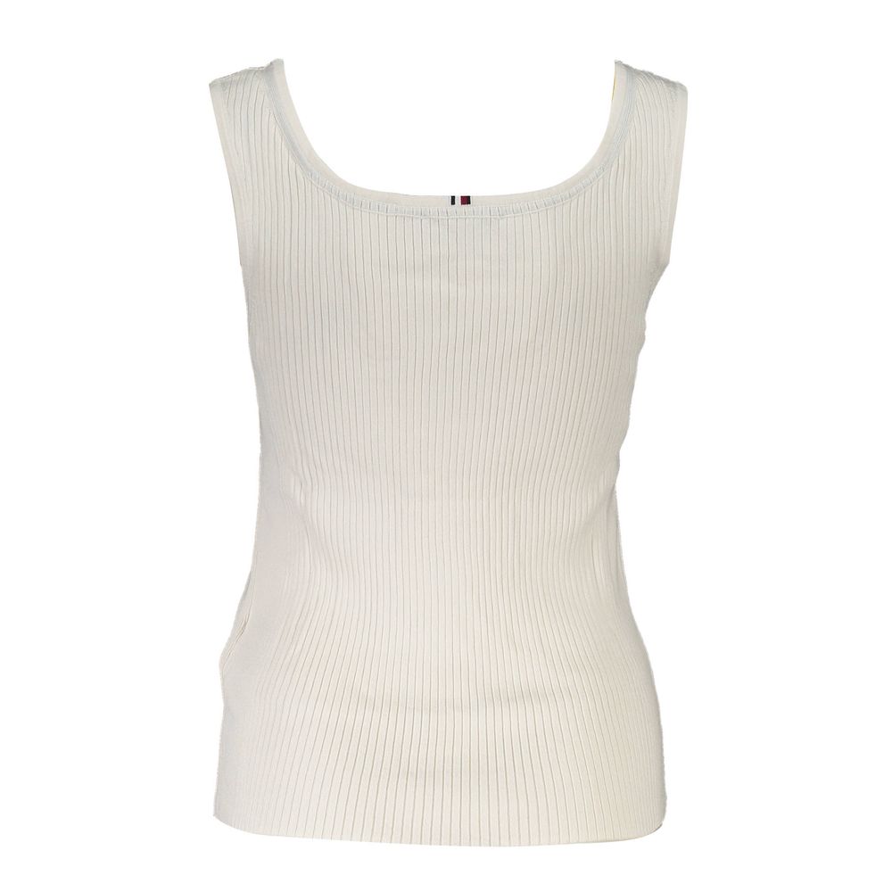 T-shirt femme Tommy Hilfiger Bianco Modal, sans manches, en tissu léger blanc, porté sur un mannequin.