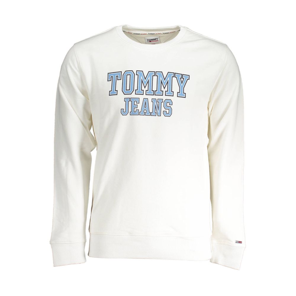 Sweat-shirt blanc en coton pour homme de Tommy Hilfiger, modèle confortable avec logo emblématique, porté sur un mannequin.