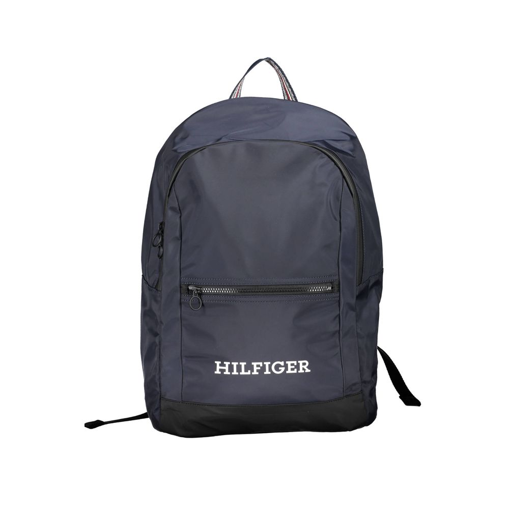 Sac à dos homme Tommy Hilfiger en polyester bleu avec compartiments et logo sur le devant, pratique pour la vie quotidienne.