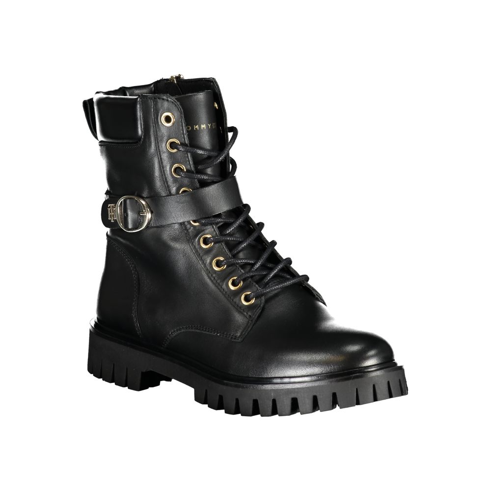 Bottines noires en polyuréthane pour femmes de la marque Tommy Hilfiger, avec design élégant et semelle solide.