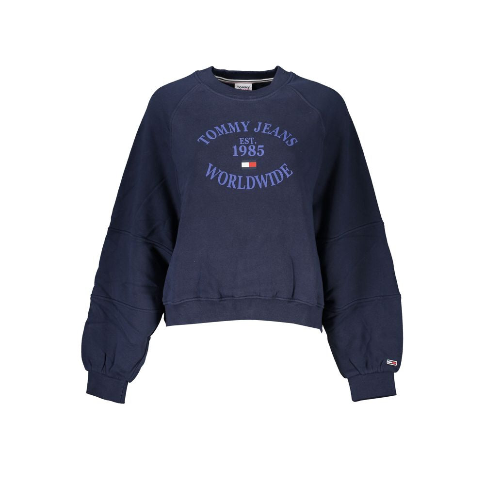 Sweatshirt pour femmes en coton bleu de la marque Tommy Hilfiger, ajustée et confortable, portée avec col rond et manches longues.