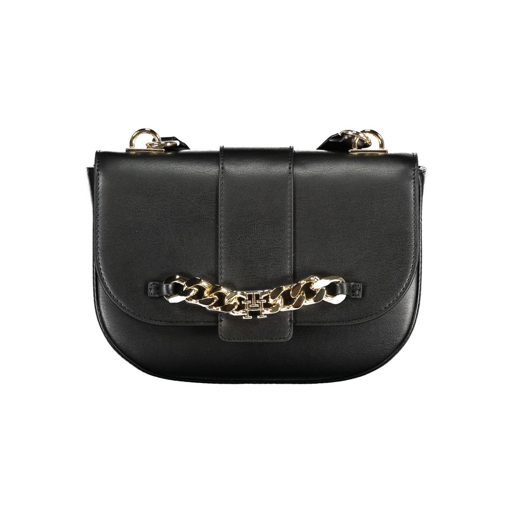 Sac à main Tommy Hilfiger pour femmes en polyuréthane noir, avec poignet élégant et détails modernes.