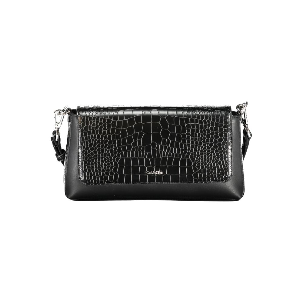 Sac à main noir en polyuréthane pour femmes de Calvin Klein, vue en gros plan avec poignée et fermeture visible.