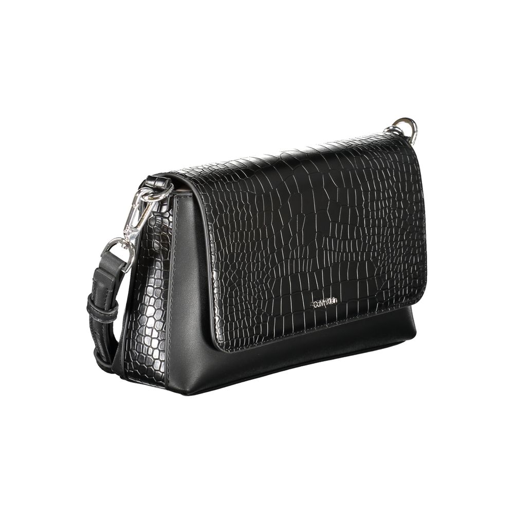 Sac à main féminin Calvin Klein en polyuréthane noir, avec poignées élégantes et design moderne.