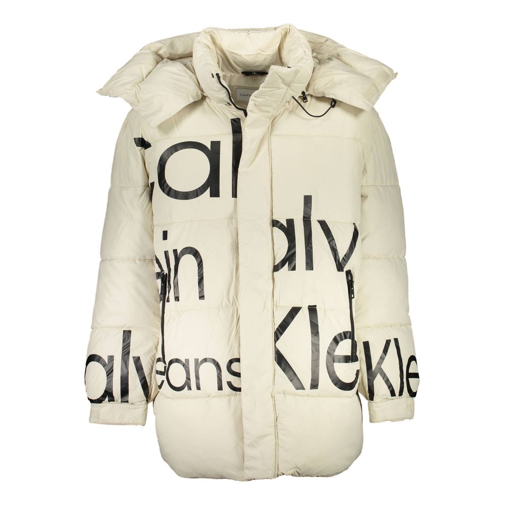 Veste homme en polyester beige de Calvin Klein, style décontracté avec col et fermeture éclair visible.