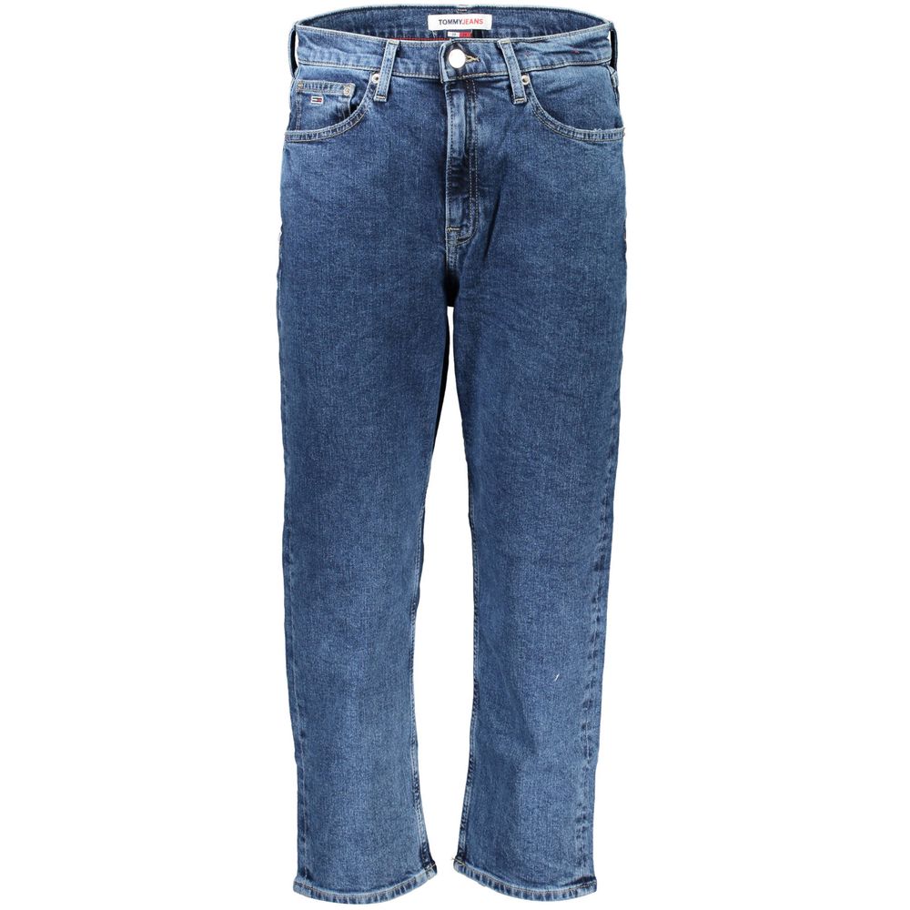 Jeans pour femmes en coton Tommy Hilfiger, coupe slim, bleu, détails classiques, porté sur un mannequin.