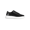 Sneakers en cuir noir Calvin Klein pour femme, design moderne, semelle blanche, vue de côté.