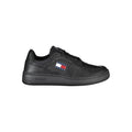 Sneakers en cuir noir pour femmes de la marque Tommy Hilfiger, style décontracté et moderne.