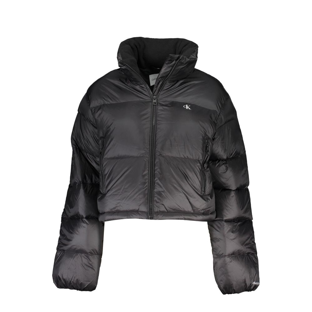 Veste noire en polyamide pour femmes de la marque Calvin Klein, vue de face avec fermeture éclair et col haut.